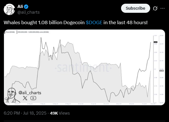 $250M DOGE whale accumulation | Source: X