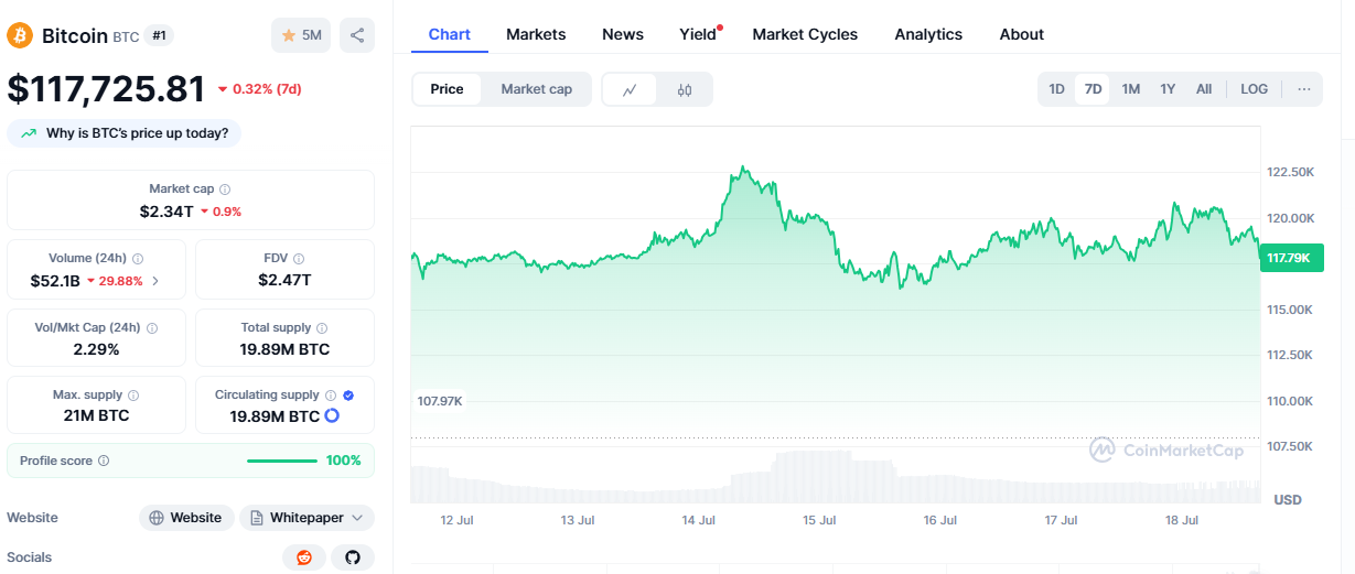 Bitcoin price at $122,000 | Source: CoinMarketCap