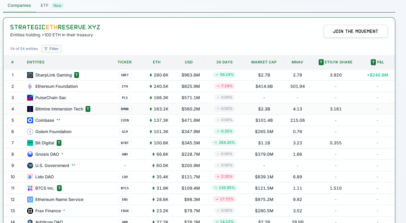 Institutional ETH holdings list | Source: Strategic ETH Reserve